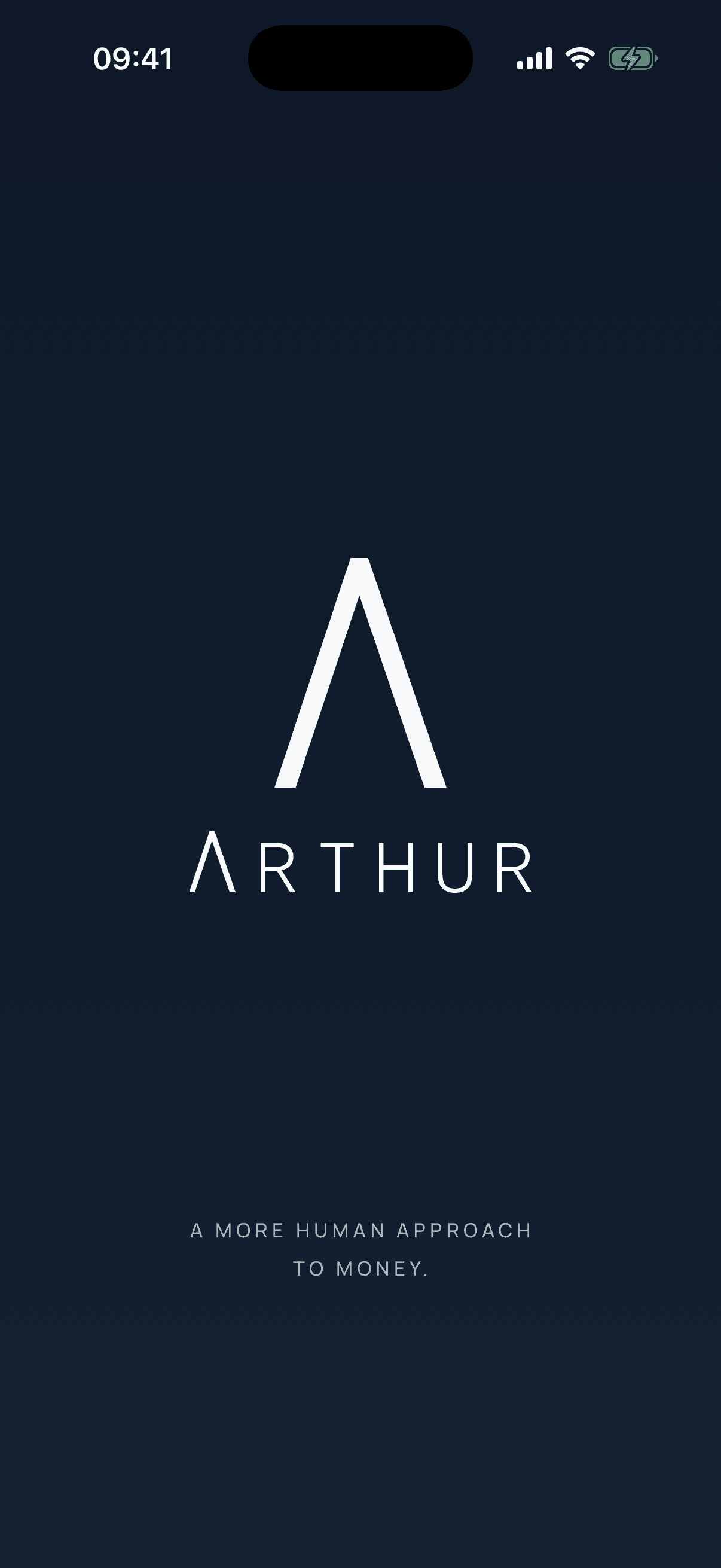 Arthur app opening screen with the Porcelain Arthur mark on a Midnight background.
