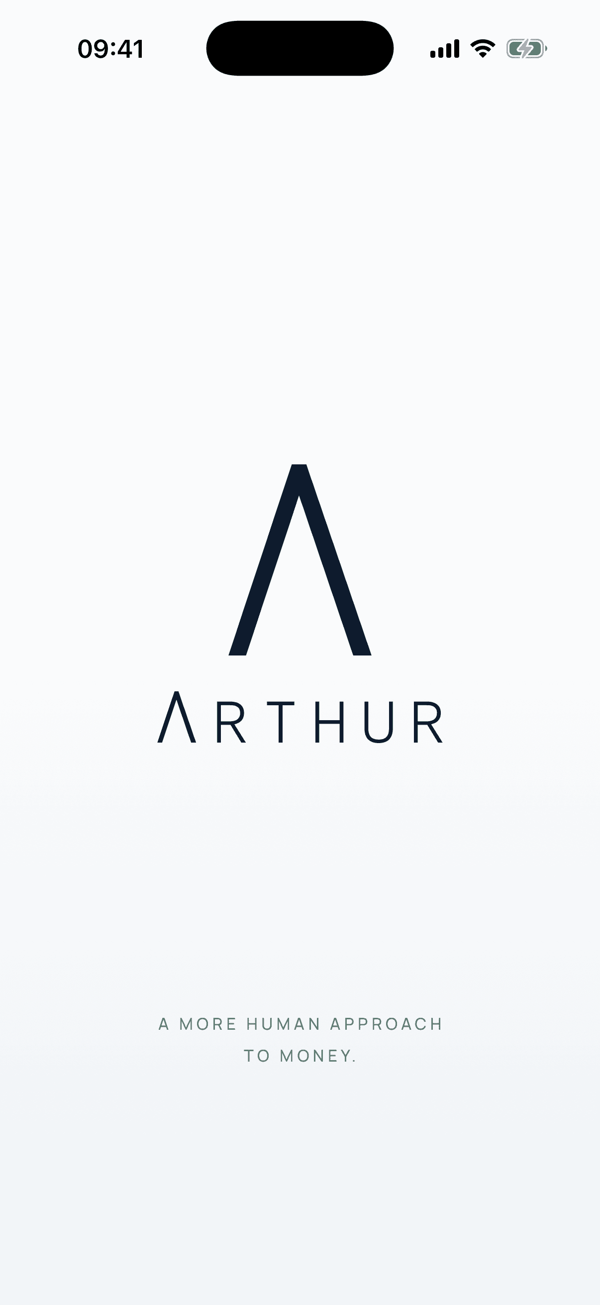 Arthur app intro screen with the Midnight Arthur mark on a Porcelain background.